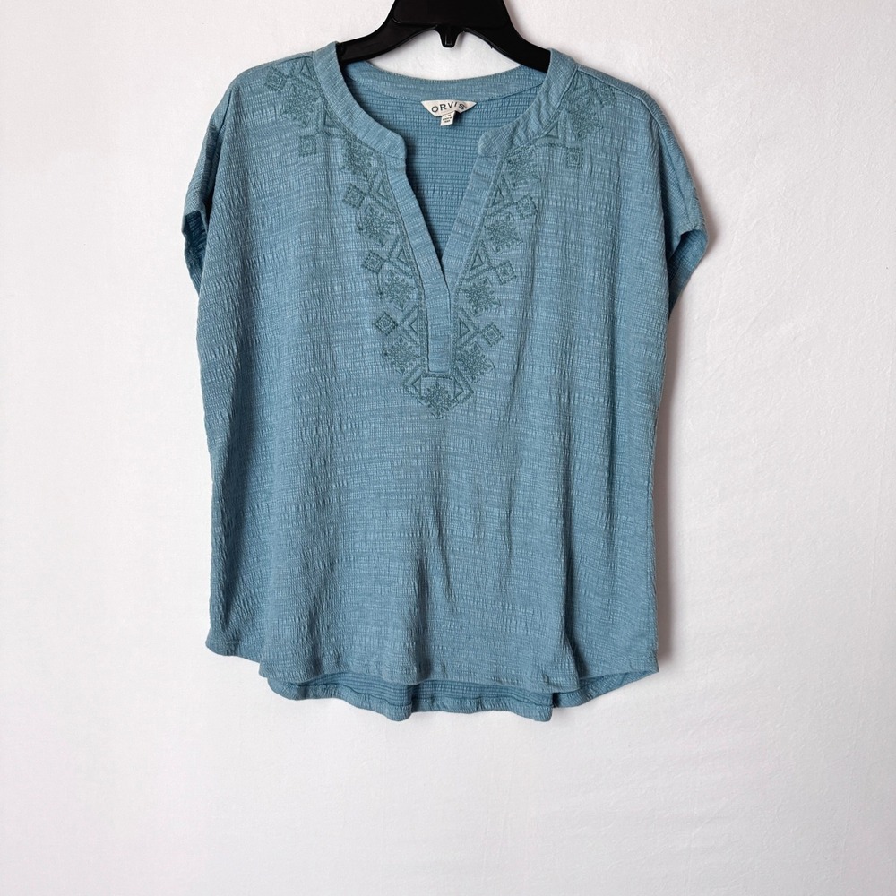Orvis Blouse Embroidered Split Neck Womens Large Teal Boho Short Sleeve Top